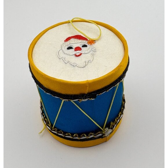 Vintage Drum Christmas Tree Ornament Jolly Santa Face Embroidery Blue and Gold - Picture 6 of 6